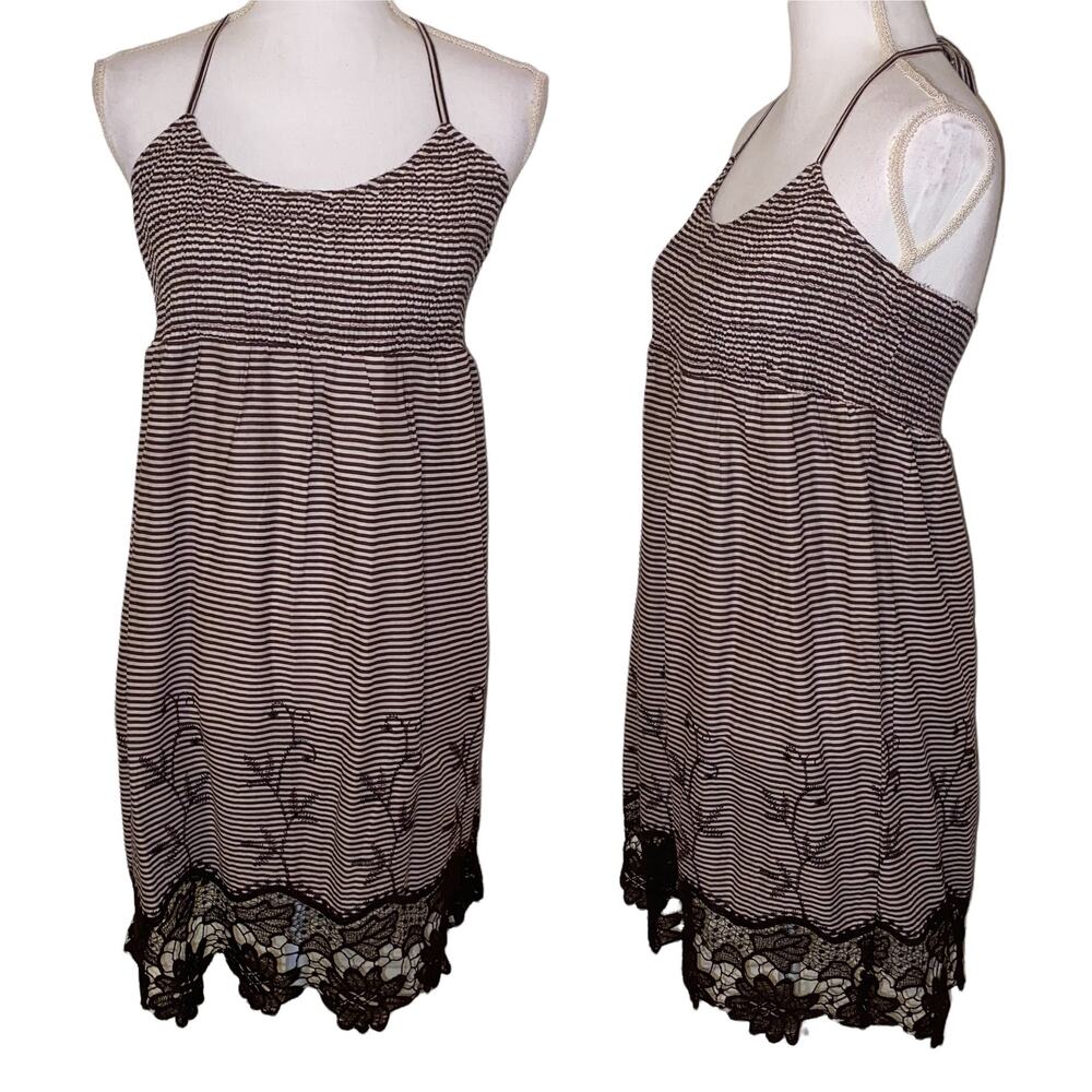 Sundance Mini Dress Halter Embroidered Lace Trim Striped Brown White Womens S